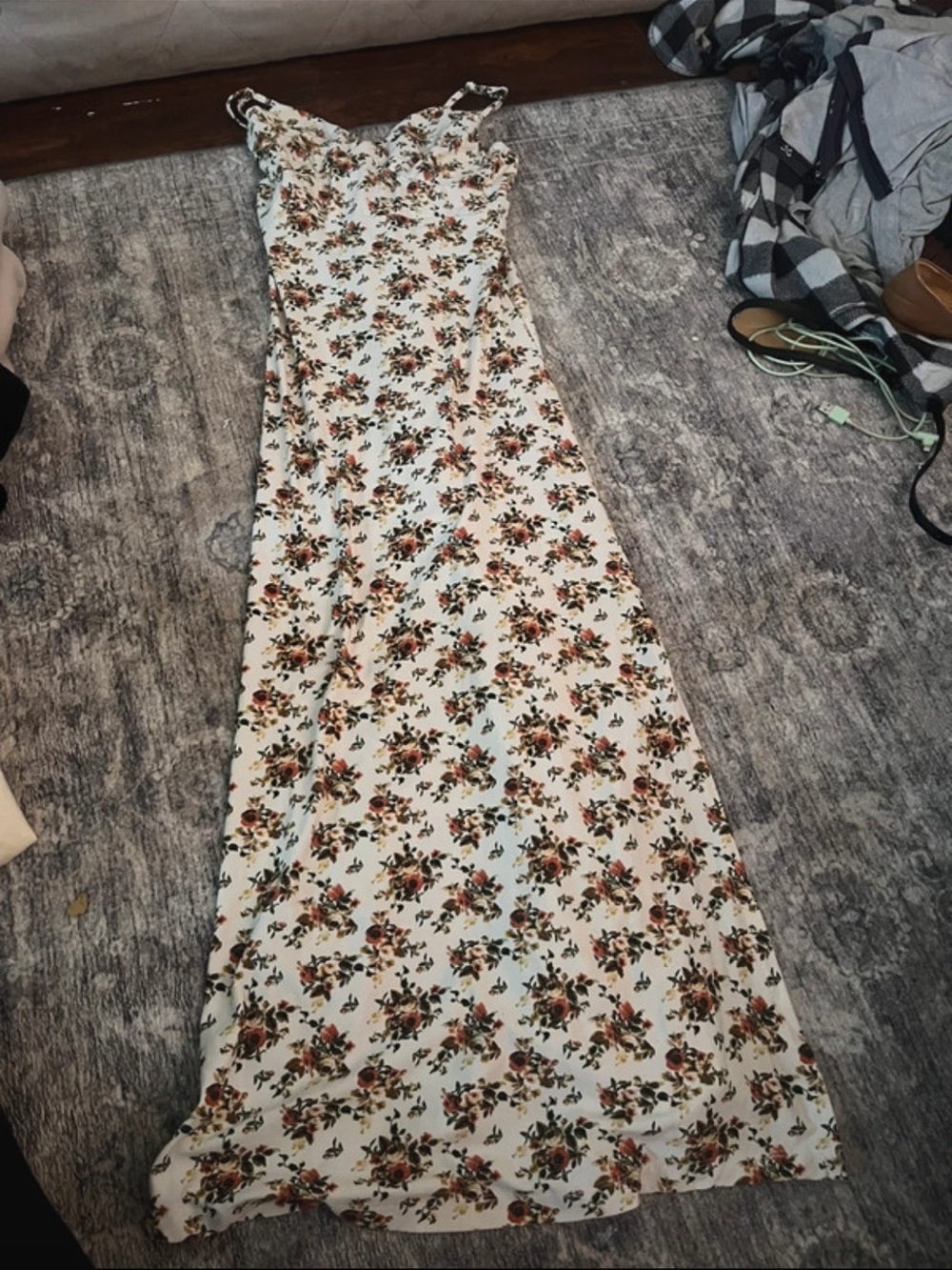 Ardene Cream Floral Maxi Dress with Rust and Green Bouquet Print